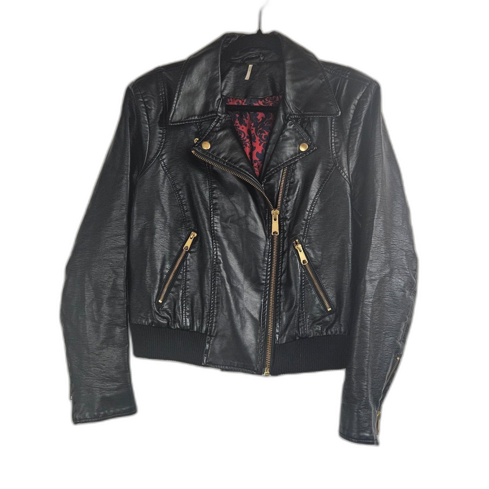 Free People Vegan Leather Moto Jacket Sz M with Satin Lining Bold Gold Zips